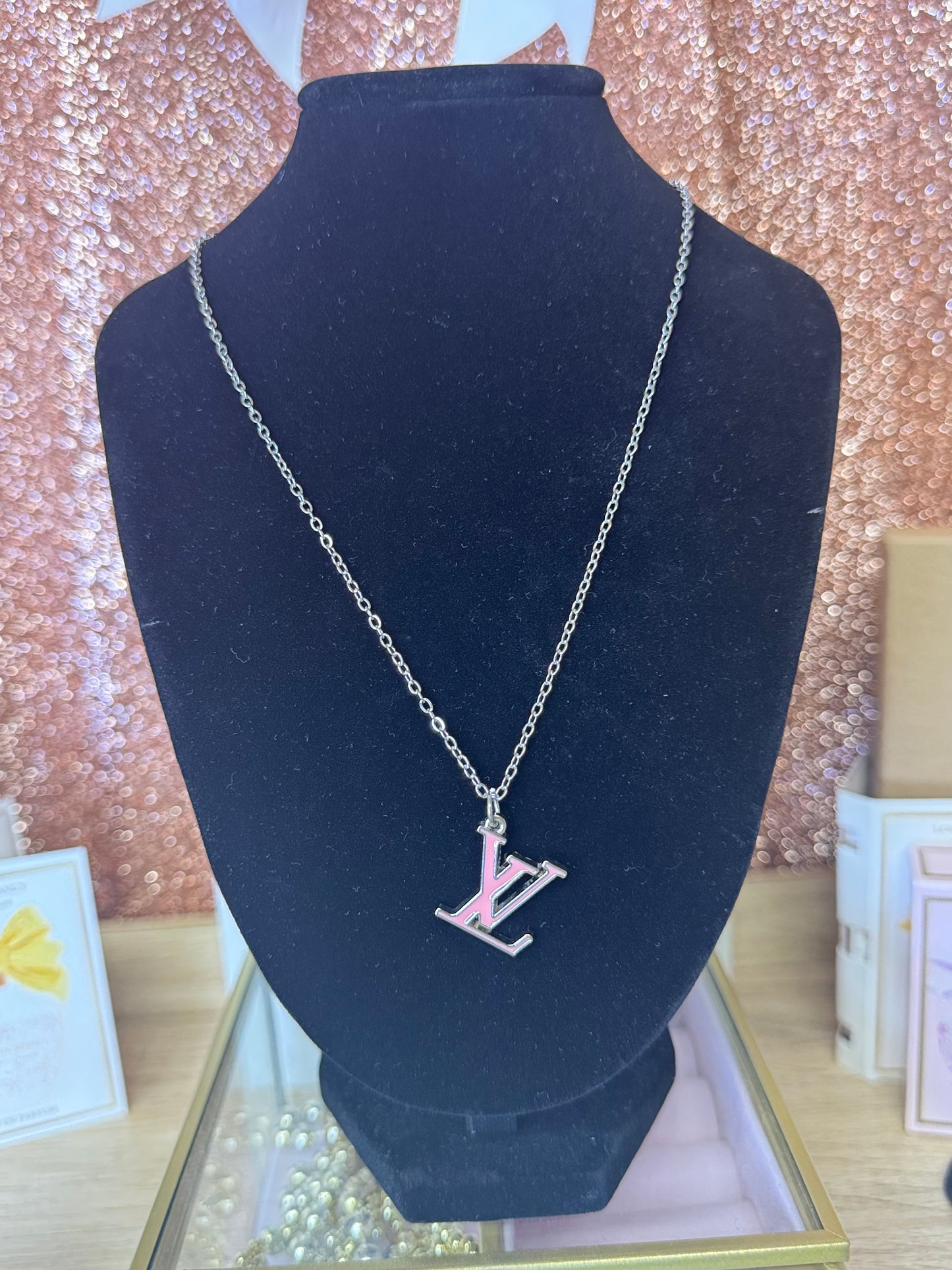 Pink Initials (Silver Chain)